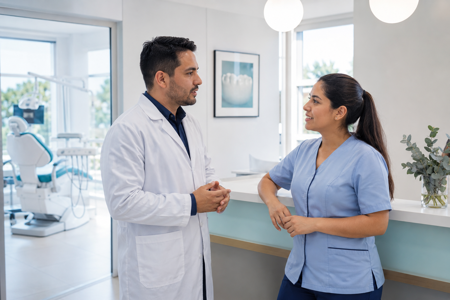 Odontólogo y coordinadora conversando en una clínica